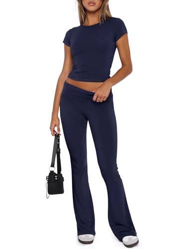 REORIA Damen Freizeitoutfits weiches kurzärmliges Bauchfreies Top umklappbare Schlaghose Y2K 2 teiliges Pyjama Lounge Set Marineblau XS von REORIA