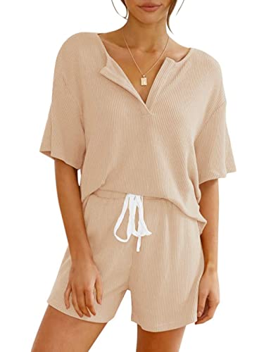 REORIA Damen Kurzarm Lounge Set 2-teilig Strick V Henley Ausschnitt Outfit Nachtwäsche Pyjama Trainingsanzug Apricot XXL von REORIA