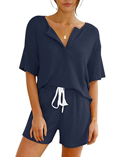 REORIA Damen Kurzarm Lounge Set 2-teilig Strick V Henley Ausschnitt Outfit Nachtwäsche Pyjama Trainingsanzug Marineblau S von REORIA