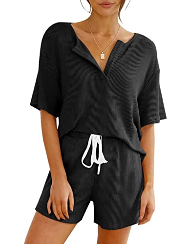 REORIA Damen Kurzarm Lounge Set 2-teilig Strick V Henley Ausschnitt Outfit Nachtwäsche Pyjama Trainingsanzug Schwarz XL von REORIA