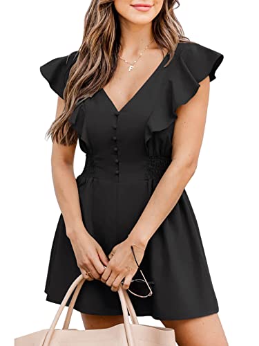 REORIA Damen Kurzarm Rüschen Knopf Cardigan Overall Süßer Einteiler Playsuit Lässig Lose Strampler Jumpsuit Schwarz L von REORIA