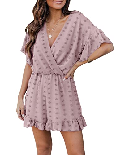 REORIA Damen Kurzarm V-Ausschnitt Jumpsuit Overall Playsuit Strampler mit rosafarbenem 3D-Punkt-Design Rosa S von REORIA