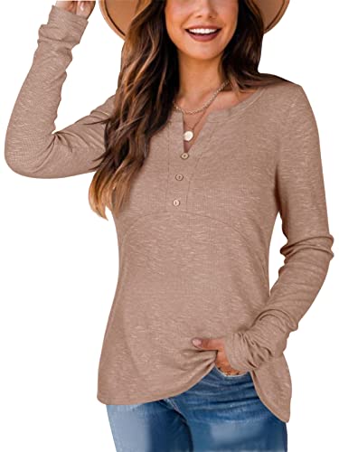 REORIA Damen Langarmshirts Henley Shirt Lässige einfarbige Tops mit Knopfleiste vorne Hellbraun XL von REORIA