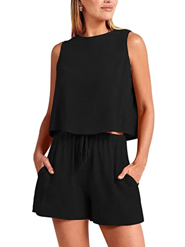 REORIA Damen Loungewear 2 teilige Outfits ärmelloses Crop Top Tank und hoch taillierte Shorts Sets Strampler Trainingsanzüge Schwarz XXL von REORIA