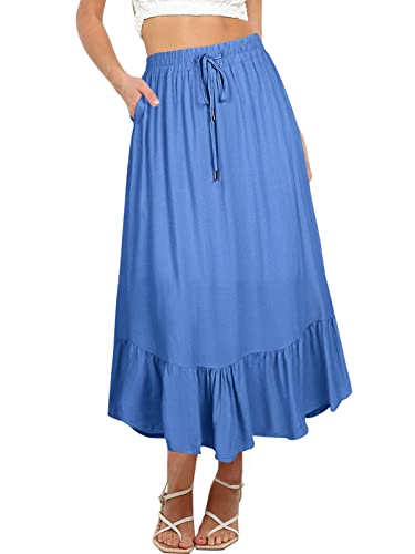 REORIA Damen Röcke Elastische Maxiröcke mit hoher Taille für Damen Lange Röcke mit Taschen Blau L von REORIA