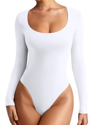 REORIA Damen Sexy Basic Scoop Langarm Doppelt gefüttert Lagen Schlank Bodysuit Tops Weiß XXL REORIA Damen Sexy Basic Scoop Langarm Doppelt gefüttert Lagen Schlank Bodysuit Tops Weiß XXL von REORIA