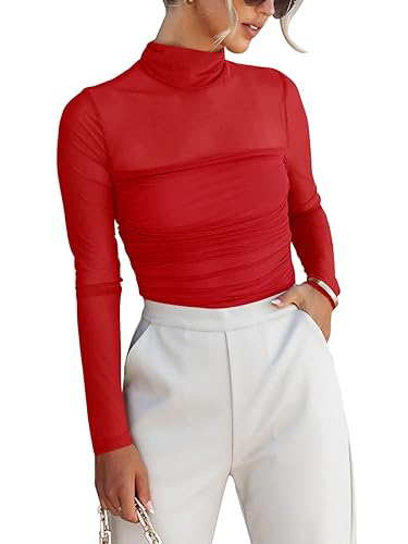 REORIA Damen Sexy Body mit Rollkragen langärmelig durchsichtiges Netzstoff gerafft zum Ausgehen Tops Rot XL von REORIA