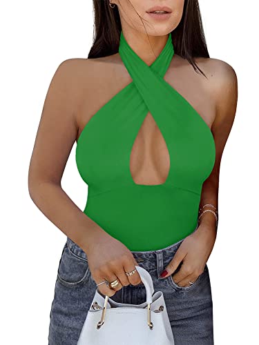 REORIA Damen Sexy Criss Cross Neckholder Ärmellos Party Club Nacht Ausgehen Tanga Bodysuits Tops Grün Groß von REORIA