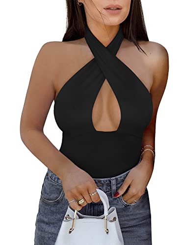 REORIA Damen Sexy Criss Cross Neckholder Ärmellos Party Club Nacht Ausgehen Tanga Bodysuits Tops Schwarz Small von REORIA