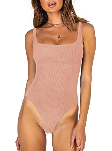 REORIA Damen Sexy Fashion Square Neck Ärmellos Unterbrust Detaillierung Gerippter Strick Einteiler Abnehmen Tank Tanga Bodysuits Tops Trikots zum Ausgehen Rosa Klein von REORIA