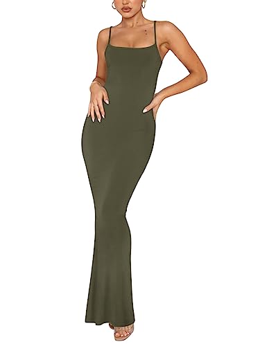 REORIA Damen Sexy Lounge Slip Langes Kleid Elegantes Hochzeitsgast ärmelloses rückenfreies Geripptes figurbetontes Maxikleid Olive Green XL von REORIA