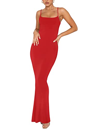 REORIA Damen Sexy Lounge Slip Langes Kleid Elegantes Hochzeitsgast ärmelloses rückenfreies Geripptes figurbetontes Maxikleid Rot XL von REORIA