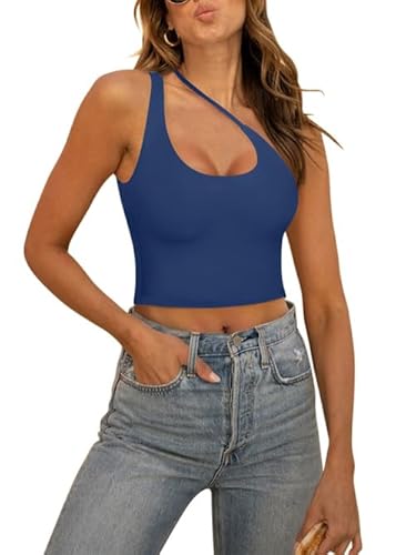 REORIA Damen Sexy One Shoulder Ausschnitt rückenfrei ärmellos zum Ausgehen trendiges Crop Tanktop Dunkelblau M von REORIA