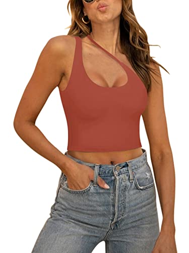 REORIA Damen Sexy One Shoulder Ausschnitt rückenfrei ärmellos zum Ausgehen trendiges Crop Tanktop Rostiges Rot M von REORIA