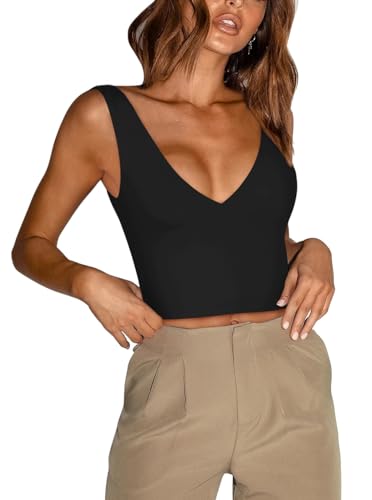 REORIA Damen Sexy Tanktops mit tiefem Ausschnitt und tiefem V-Ausschnitt ärmellos V-Ausschnitt rückenfrei schmale Passform Crop Tops zum Ausgehen Schwarz XXL von REORIA