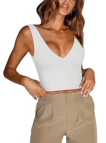 REORIA Damen Sexy Tanktops mit tiefem Ausschnitt und tiefem V-Ausschnitt ärmellos V-Ausschnitt rückenfrei schmale Passform Crop Tops zum Ausgehen Weiß S von REORIA