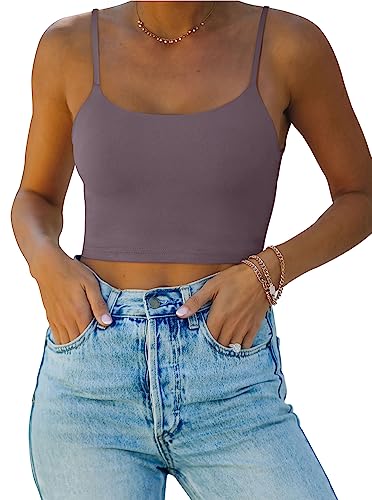 REORIA Damen Sommer Basic Ärmellos Verstellbarer Spaghettiträger Cami Camisole Tailliertes Nahtloses Yoga Cropped Tank Niedliche Crop Tops für Teenager Mädchen Grau Lila Groß von REORIA