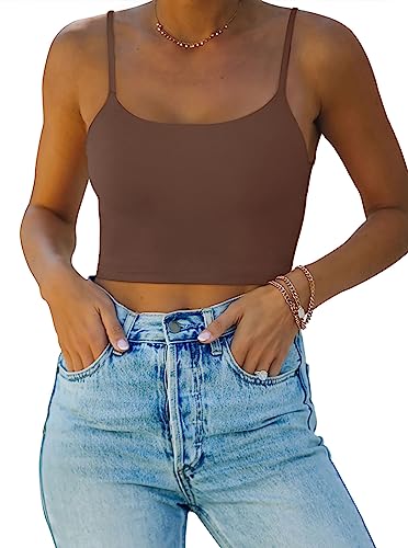 REORIA Damen Sommer Basic Ärmellos Verstellbarer Spaghettiträger Cami Camisole Tailliertes Nahtloses Yoga Cropped Tank Niedliche Crop Tops für Teenager Mädchen Kaffee Klein von REORIA