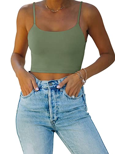 REORIA Damen Sommer Basic Ärmellos Verstellbarer Spaghettiträger Cami Camisole Tailliertes Nahtloses Yoga Cropped Tank Niedliche Crop Tops für Teenager Mädchen Olivgrün X-Large von REORIA