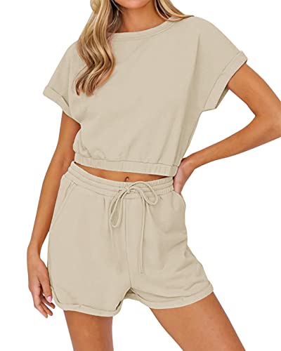 REORIA Damen Sommer Kurzarm Tank Top und Shorts Loungewear Sweatsuit Outfits Pyjama Set Trainingsanzüge Apricot L von REORIA