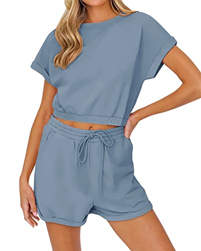 REORIA Damen Sommer Kurzarm Tank Top und Shorts Loungewear Sweatsuit Outfits Pyjama Set Trainingsanzüge Grau Blau L von REORIA