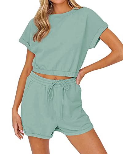 REORIA Damen Sommer Kurzarm Tank Top und Shorts Loungewear Sweatsuit Outfits Pyjama Set Trainingsanzüge Grün Grau L von REORIA