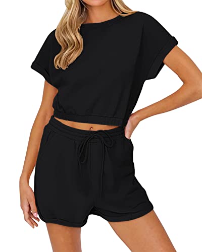 REORIA Damen Sommer Kurzarm Tank Top und Shorts Loungewear Sweatsuit Outfits Pyjama Set Trainingsanzüge Schwarz M von REORIA