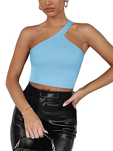 REORIA Damen Sommer Sexy Casual Eine Schulter Doppelt Gefüttert Nahtlos Rückenfrei Ärmellos Kurz Tank Ausgehen Trendige Niedliche Crop Tops Himmelblau Medium von REORIA