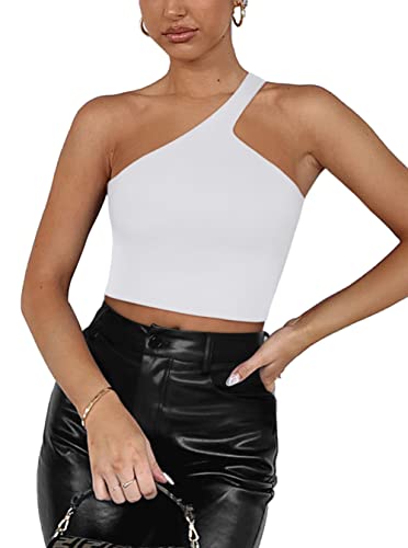 REORIA Damen Sommer Sexy Casual Eine Schulter Doppelt Gefüttert Nahtlos Rückenfrei Ärmellos Kurz Tank Ausgehen Trendy Cute Crop Tops Weiß Large von REORIA