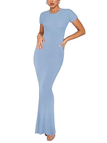 REORIA Damen Sommer Sexy Casual Lounge Langes Kleid Elegant Hochzeitsgast Kurzarm Rundhalsausschnitt Figurbetontes Maxikleid Blau M von REORIA