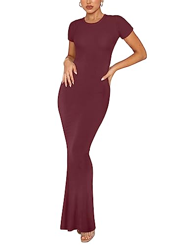 REORIA Damen Sommer Sexy Casual Lounge Langes Kleid Elegant Hochzeitsgast Kurzarm Rundhalsausschnitt Figurbetontes Maxikleid Burgunderrot M von REORIA