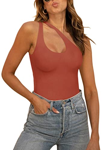 REORIA Damen Sommer Sexy One Shoulder Ausschnitt vorne ärmellos einteilig Tanktops rückenfrei Tanga Bodysuits Trikots zum Ausgehen Rostrot Medium von REORIA