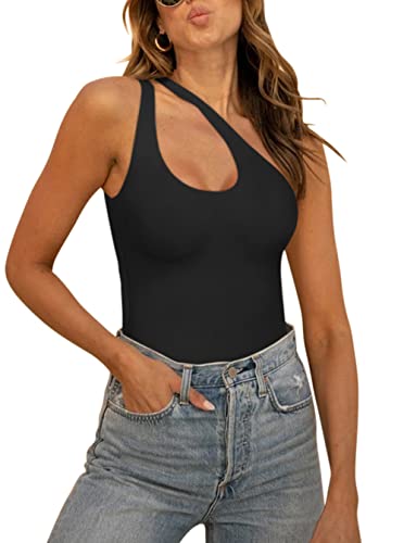 REORIA Damen Sommer Sexy One Shoulder Ausschnitt vorne ärmellos einteilig Tanktops rückenfrei Tanga Bodysuits Trikots zum Ausgehen schwarz klein von REORIA