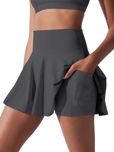 REORIA Damen Sport Tennis Mini Rock Faltenröcke Ausgestellte Röcke Hohe Taille A-Linie Schule Tanz Skort mit Shorts-Futter Dunkelgrau L von REORIA