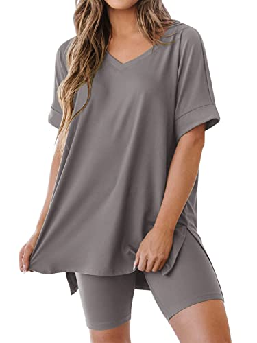 REORIA Damen T-Shirt Radlerhose Kombi-Sets V-Ausschnitt Kurzarm Lounge Wear Sets y2k Trainingsanzug Komplettset Gym Sets Grau L von REORIA