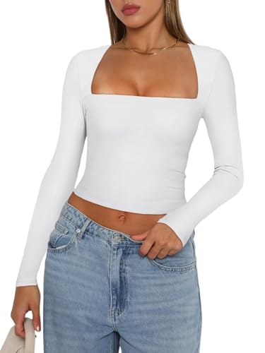 REORIA Damen T Shirts Herbst sexy lässig quadratischer Ausschnitt langärmelig eng geschnitten schmal geschnitten Basic Y2K trendiges Ausgehen Crop Tops für Teenager Mädchen Weiß Größe S von REORIA