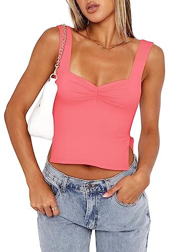 REORIA Damen Tanktops sexy gerüscht herzförmiger Ausschnitt rückenfrei ärmellos seitlich geteilt zum Ausgehen Y2K Trendige Kurze Tanktops Pfirsichrosa XL von REORIA