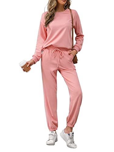 REORIA Damen Tracksuit Langarm Rundhalsausschnitt Einfarbig Zweiteiler Outfit Hoodie Jogger Trainingsanzug Set Sweatshirt & Jogginghose Rosa XXL von REORIA