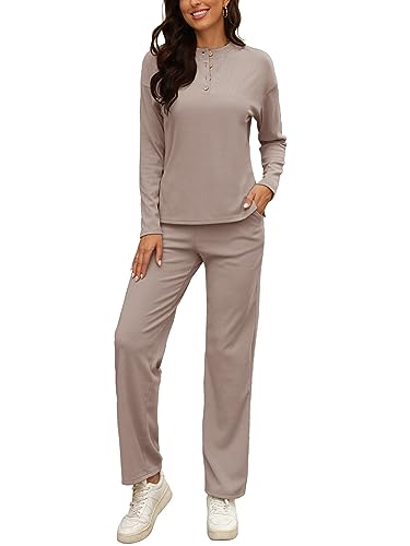 REORIA Damen Trainingsanzüge Sport Outfit Jogginganzug Hausanzug Workout Set Oberteil mit Knopf und Hose mit geradem Bein Taupe XL von REORIA