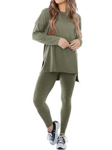 REORIA Damen Trainingsanzüge lockeres Oberteil und schmale Leggings Hausanzug aus Mikrofaser Jogginganzug Activewear Workout Set Sport Outfit Olivgrün M von REORIA