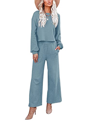 REORIA Damen Trainingsanzug Set 2 Teilig Hausanzug Tracksuit Jogginganzug Breite Hosenbeine mit Tasche Blau M von REORIA