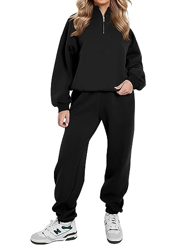 REORIA Damen Weich Baumwolle Hausanzug Dick Freizeitanzug Warm Trainingsanzug Jogginganzug Set halbem Reißverschluss Tracksuits mit Fleece-Futter Schwarz L von REORIA