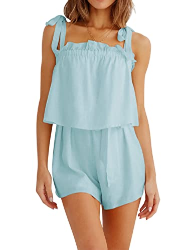 REORIA Damen ärmelloser fließender Overall Süßer einfarbiger Strampler quadratischem Ausschnitt Romper Jumpsuit mit verstellbaren Schultergurten Blau L von REORIA