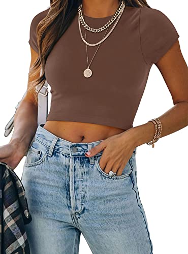 REORIA Damen einfarbiges T-Shirts kurzärmelig hochgeschlossen doppelt gefüttert eng anliegend Crop Tops Kaffee L von REORIA