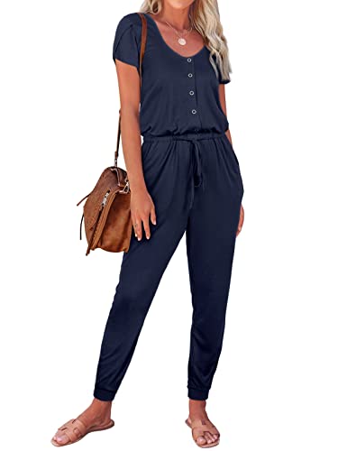 REORIA Damen lässiger Jumpsuits schlichter Rundhalsausschnitt Knospe Ärmel Strampler mit Tasche Marineblau M von REORIA