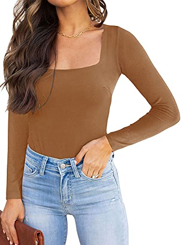 REORIA Damen langarm Bodysuit Sexy eckiger Ausschnitt doppelt gefüttert Overalls Braun XXL von REORIA