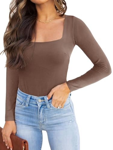 REORIA Damen langarm Bodysuit Sexy eckiger Ausschnitt doppelt gefüttert Overalls Kaffee L von REORIA