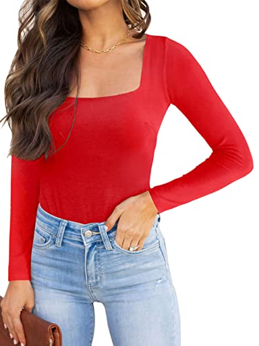 REORIA Damen langarm Bodysuit Sexy eckiger Ausschnitt doppelt gefüttert Overalls Rot L von REORIA