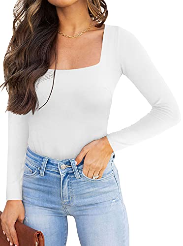 REORIA Damen langarm Bodysuit Sexy eckiger Ausschnitt doppelt gefüttert Overalls Weiß M von REORIA