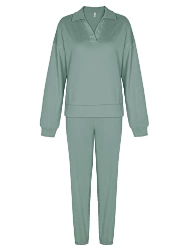 REORIA Damen langarm Trainingsanzug Sweat Suit V Neck Hausanzug Jogginganzug Freizeitanzug Sportanzug Set Grün L von REORIA